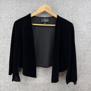 Alex Evening Black Velvet Evening Shrug Women's Med Cascading Front 3/4 Sleeves